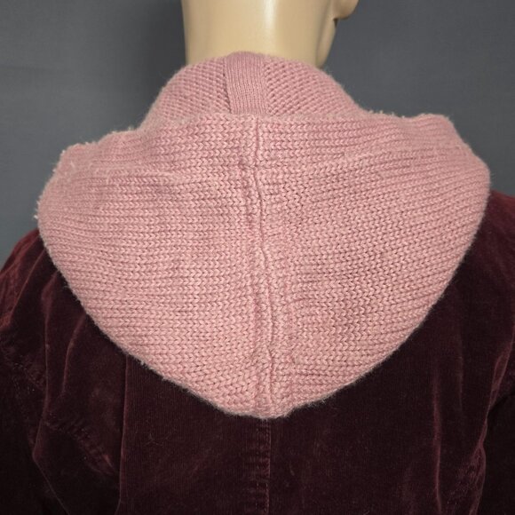 Y2K Lady Dutch Fitted Jacket Coat Size L Burgundy Corduroy Pink Knit Hooded - Picture 11 of 16